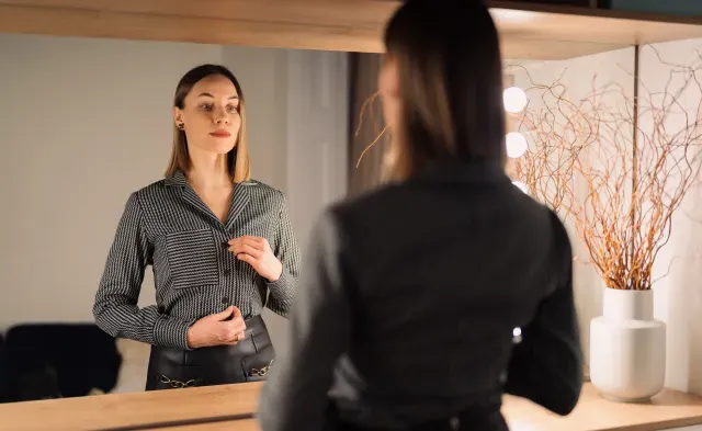 Self-confident woman looking at her reflection into the mirror indoors.